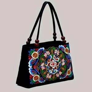 Floral Embroidered Black Handbag Wooden Beads 11"x7"x3. 5" Boho Hippie NWOT